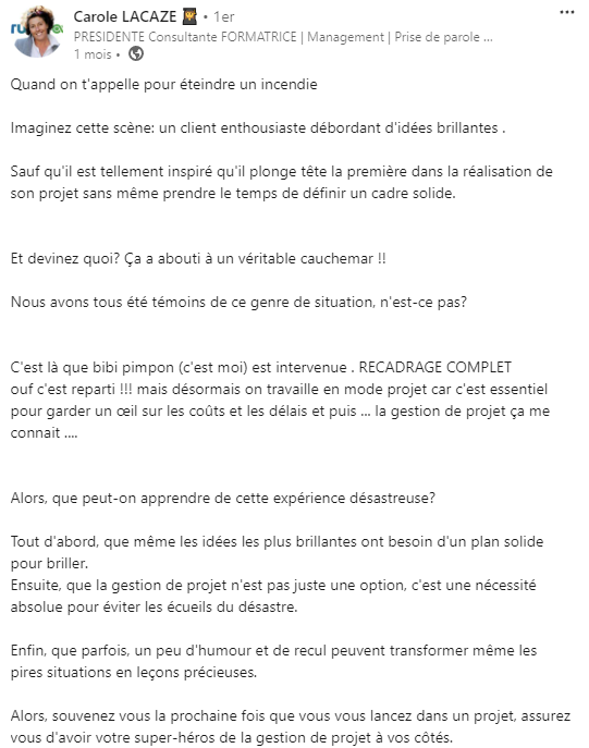 Screen d'un post Linkedin de Carole Lacaze, dirigeante de Tucetoo, traitant de la formation en gestion de projet,